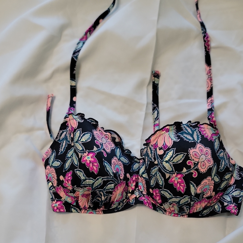Shade & Shore Black Bra with Pink Floral Accents. 38C
